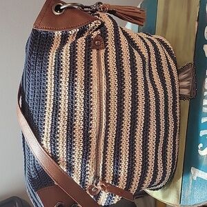 The Sak Blue and Tan Shoulder Bag with Leather Accents